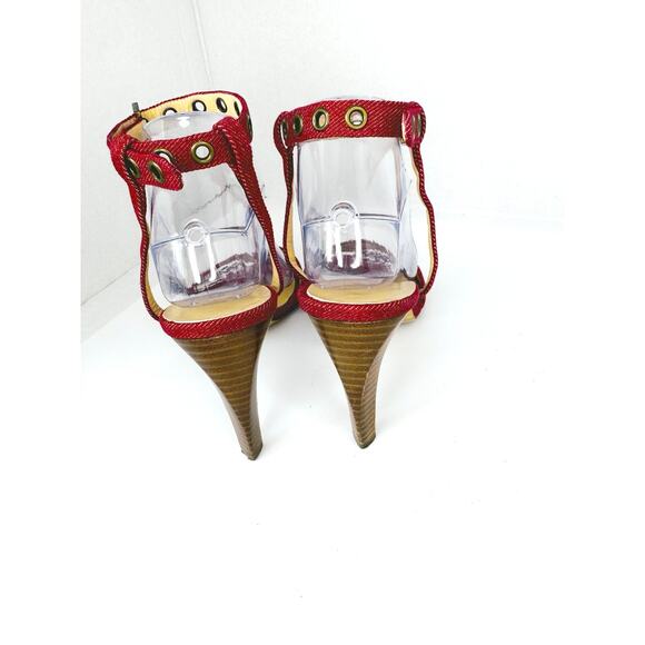 Vintage Chanel Red Canvas Sandals Heels IT 39  Grommet Ankle Strap CC Logo - Picture 8 of 12